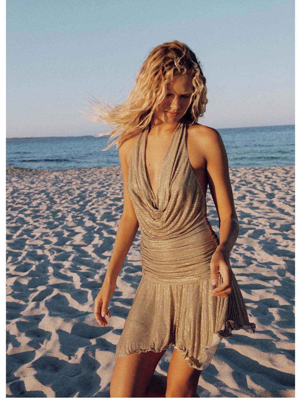Zara Sparkly Gold Halter Cowl Mini Dress